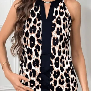 Haut léopard, col halter avec ouverture en goutte