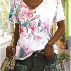 Haut  pour femme à imprimé floral et col en V .