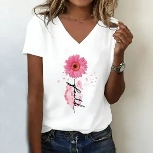 T-shirt à motif “Fleur”, col en V