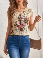 Haut pour femme, imprimé floral et épaules en dentelle,