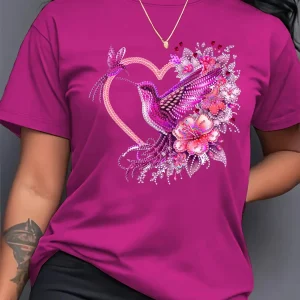 T-shirt motif floral avec colibri et cœur