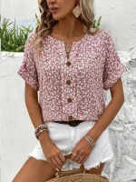 Haut pour femme, imprimé floral, col en V.