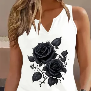 Débardeur pour femme à imprimé floral noir, col en V.